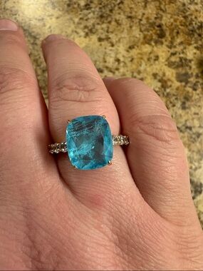 Blue Cushion-Cut Gemstone Ring with Pavé Band - Unbranded